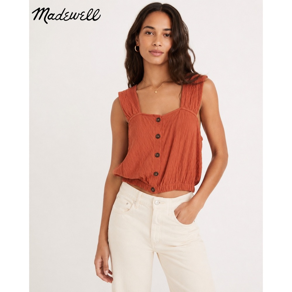 Madewell Rust Terracotta Crinkle Texture Tank Top Square Neck Cropped Size M